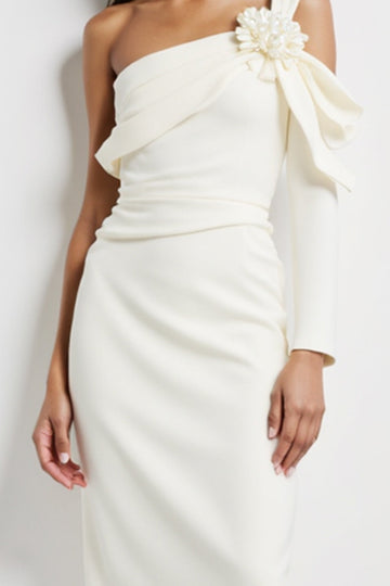 One Shoulder White Bodycon Midi Work Dress With 3D Flower